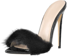 Load image into Gallery viewer, Faux Fur Black Pointed Toe High Heel Mule Sandals