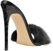 Load image into Gallery viewer, Faux Fur Black Pointed Toe High Heel Mule Sandals