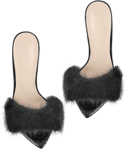 Faux Fur Black Pointed Toe High Heel Mule Sandals