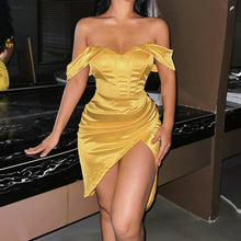 Load image into Gallery viewer, Sophisticated Satin Yellow Sweetheart Off Shoulder Dress
