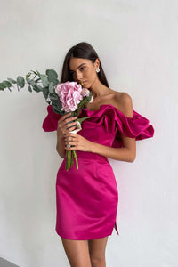 Ruffled Goddess Soft Pink Satin Strapless Mini Dress