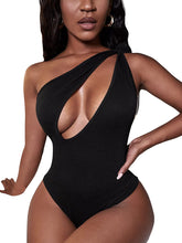 Load image into Gallery viewer, Cut Out Front Black One Shoulder Sleeveless Tank Bodysuit