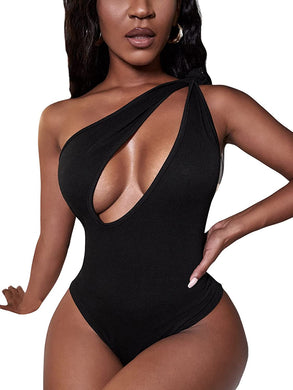 Cut Out Front Black One Shoulder Sleeveless Tank Bodysuit