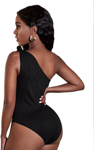 Cut Out Front Black One Shoulder Sleeveless Tank Bodysuit