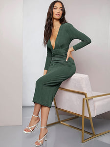 Divine Army Green Deep V Neck Ruched Waist Midi Bodycon Dress