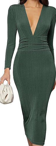 Divine Army Green Deep V Neck Ruched Waist Midi Bodycon Dress