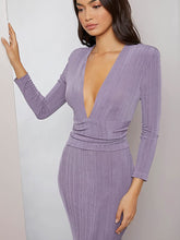 Load image into Gallery viewer, Divine Purple Deep V Neck Ruched Waist Midi Bodycon Dress