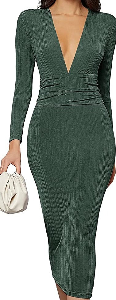 Divine Army Green Deep V Neck Ruched Waist Midi Bodycon Dress