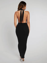 Load image into Gallery viewer, Plunge V Neck Halter Bodycon Black Maxi Dress