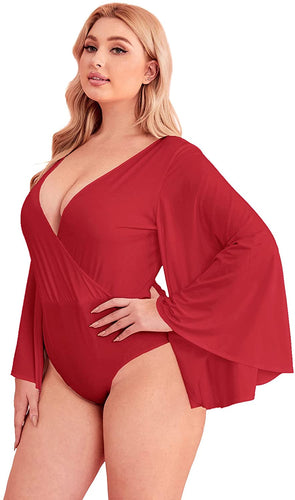 Plus Size Deep V Neck Red Long Bell Sleeve Bodysuit