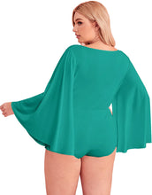 Load image into Gallery viewer, Plus Size Deep V Neck Teal Green Long Bell Sleeve Bodysuit