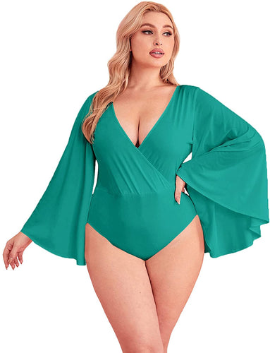 Plus Size Deep V Neck Teal Green Long Bell Sleeve Bodysuit