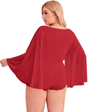Load image into Gallery viewer, Plus Size Deep V Neck Red Long Bell Sleeve Bodysuit
