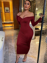 Load image into Gallery viewer, Plush Black Wrap Off Shoulder Long Sleeve Bodycon Maxi Dress