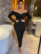 Load image into Gallery viewer, Plush Black Wrap Off Shoulder Long Sleeve Bodycon Maxi Dress