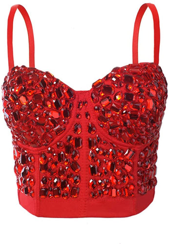 Glittery Push Up Bustier Red Rhinestones Club Party Crop Top