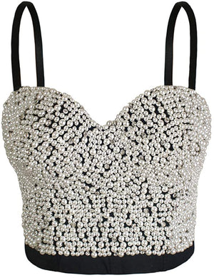 Glittery Push Up Bustier Black Pearls Club Party Crop Top Vest