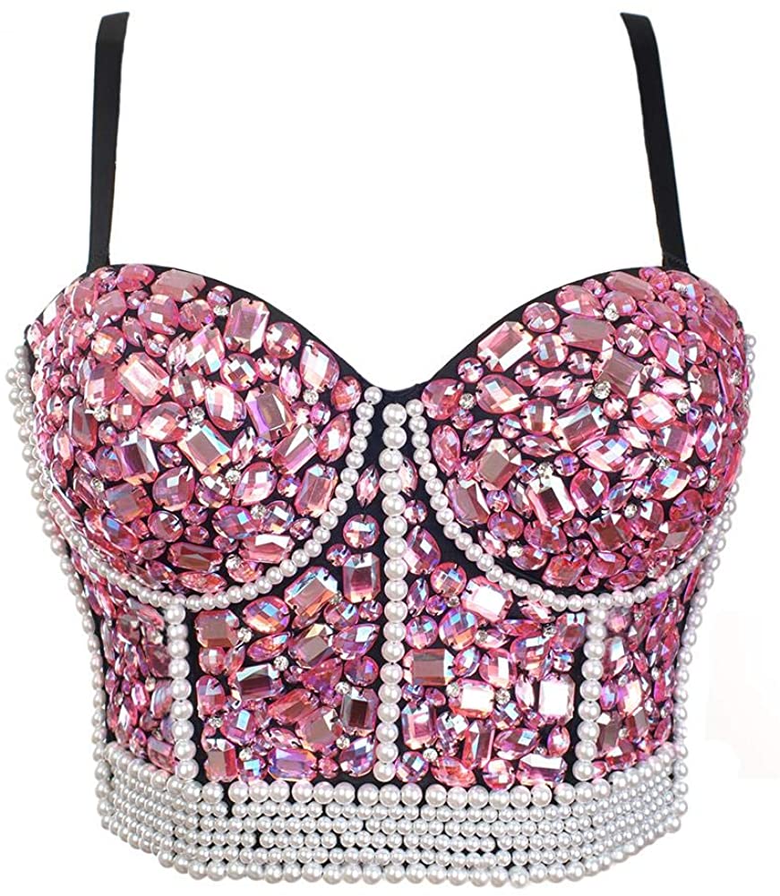 Glittery Push Up Bustier Pink Club Party Crop Top Vest