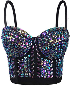 Glittery Push Up Bustier Red Rhinestones Club Party Crop Top