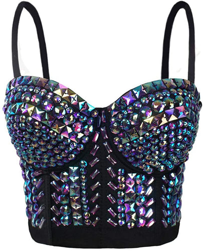 Glittery Push Up Bustier Purple Rhinestones Club Party Crop Top Vest
