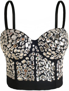 Glittery Push Up Bustier Black Pearls Club Party Crop Top Vest