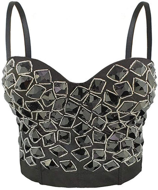 Glittery Push Up Bustier Black Bead Club Party Crop Top Vest