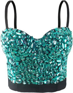 Glittery Push Up Bustier Silver Rhinestones Club Party Crop Top