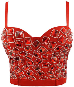 Glittery Push Up Bustier Red Rhinestones Club Party Crop Top