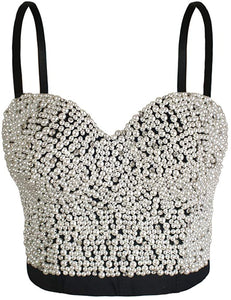 Glittery Push Up Bustier Silver Bead Club Party Crop Top Vest