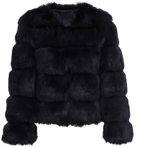 Luxury Winter Warm Black Faux Fur Short Open Jacket