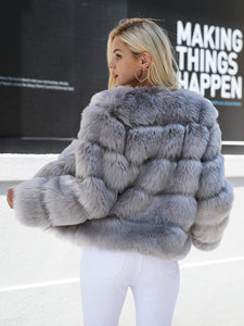 Luxury Winter Warm Gray Faux Fur Short Open Jacket