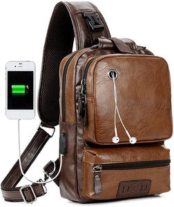 Brown Vintage PU Leather USB Charger Crossbody Bag