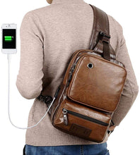 Load image into Gallery viewer, Large Brown Vintage PU Leather USB Charger Crossbody Bag