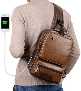Large Brown Vintage PU Leather USB Charger Crossbody Bag