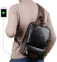 Load image into Gallery viewer, Black/Brown Vintage PU Leather USB Charger Crossbody Bag