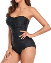Load image into Gallery viewer, Strapless Black One Piece Retro Ruched Swimwear