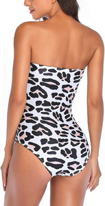 Strapless Leopard One Piece Ruched Padded Swimsuit