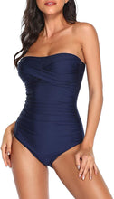 Load image into Gallery viewer, Strapless Navy Blue One Piece Ruched Padded Swimsuit