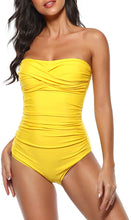 Load image into Gallery viewer, Strapless Yellow One Piece Ruched Padded Swimsuit