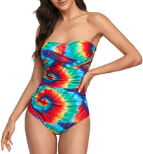 Load image into Gallery viewer, Strapless Green/Orange Tie Dye One Piece Ruched Padded Swimsuit