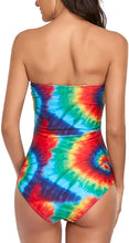 Load image into Gallery viewer, Strapless Green/Orange Tie Dye One Piece Ruched Padded Swimsuit