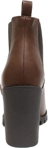 Leather Brown Elastic Chunky Heel Ankle Boot