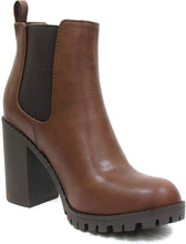 Load image into Gallery viewer, Leather Brown Elastic Chunky Heel Ankle Boot