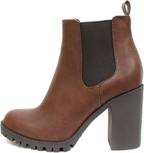 Load image into Gallery viewer, Leather Brown Elastic Chunky Heel Ankle Boot