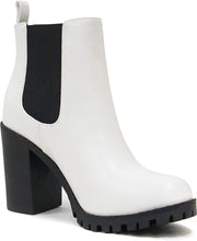 Load image into Gallery viewer, White Leather Elastic Chunky Heel Ankle Boot