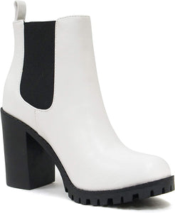 White Leather Elastic Chunky Heel Ankle Boot