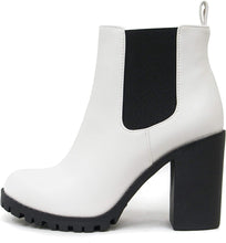 Load image into Gallery viewer, White Leather Elastic Chunky Heel Ankle Boot