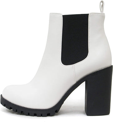 White Leather Elastic Chunky Heel Ankle Boot