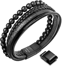 Load image into Gallery viewer, Beaded Lifestyle Black Onyx Bead Leather Bracelet for Men
