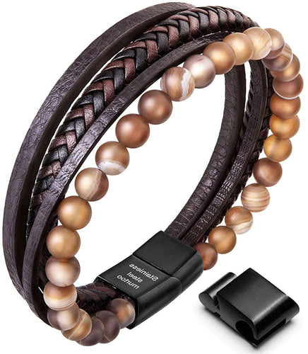 Beaded Lifestyle Brown Onyx Bead Leather Bracelet for Men